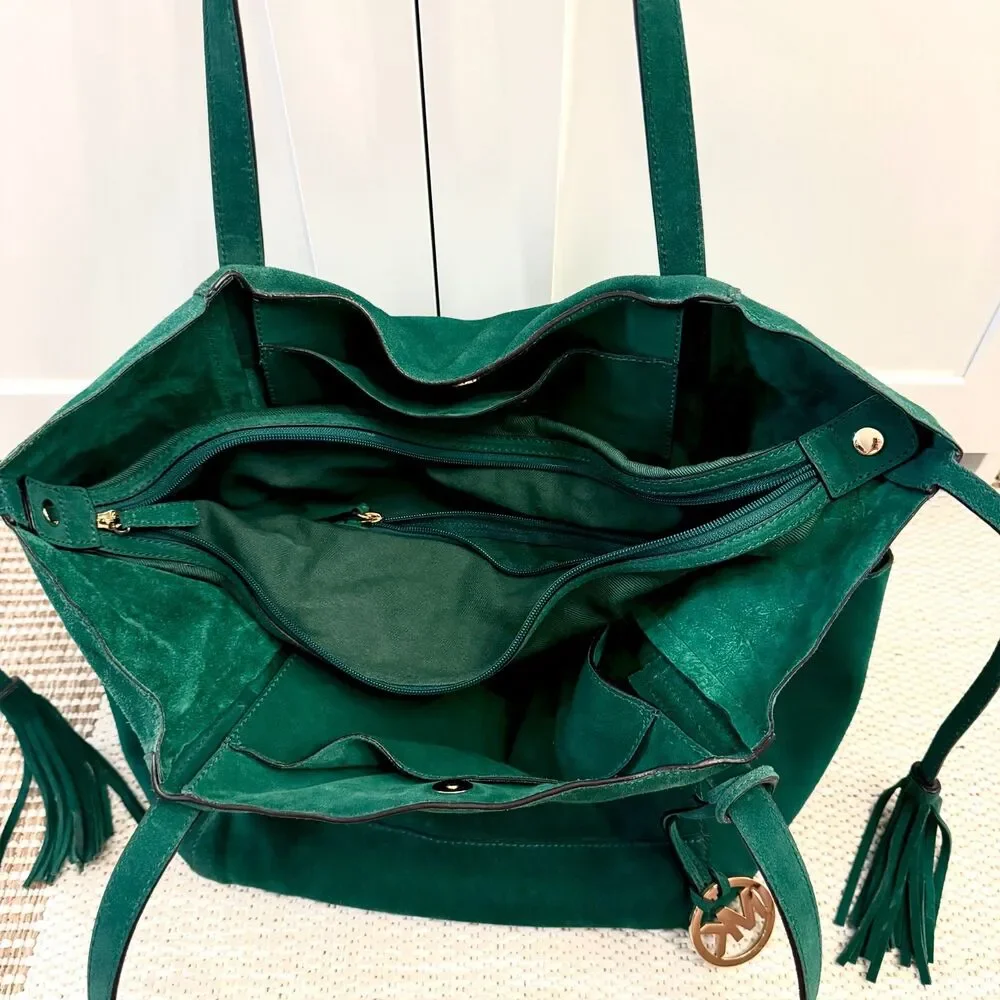 Michael Kors Ashbury Large Suede Grab Bag - Emerald, Gold Accents, Dust Bag - Picture 3 of 12